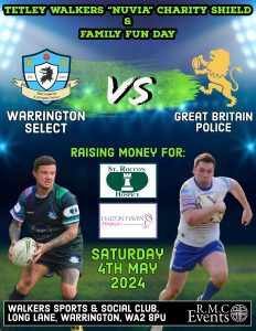 Poster of a rugby match, with the Warrington team playing against Great Britain Police.